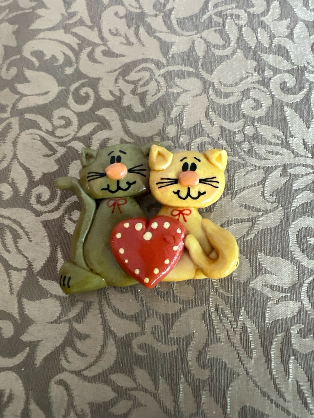 Cute Double Cat  Brooch Ceramic Heart Pets Animal